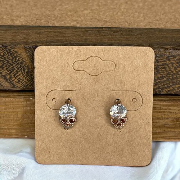 Skull Heart Eye Stud Earrings Rose Gold Tone with CZ/ Crystal Type Faux Diamond - Picture 9 of 9